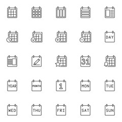 Calendar line icons set. linear style symbols collection, outline signs pack. vector graphics. Set includes icons as day, month, week, year, date, reminder, organizer, agenda appointment schedule