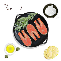Raw salmon fillets on the pan with herbs. White background. Vector illustration, separated layers.