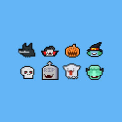 Naklejka premium Pixel art halloween cartoon head set.8bit.