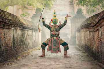 Art culture Thailand Dancing in masked khon(Mime) in literature ramayana,Tos-Sa-Kan is character in...
