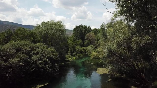 Beautiful slow drone clip of a ascent through the trees to just above a turquoise crystal clear river below. The river is the Tirino in the Abruzzo region in Italy. Lush vegetation and Mountains.