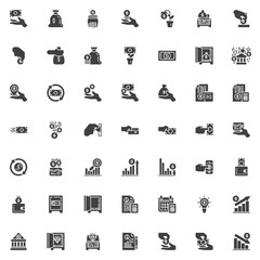Business and finance vector icons set, modern solid symbol collection, filled style pictogram pack. Signs, logo illustration. Set includes icons as Hand, coins money, Dollar money bag, Bank building