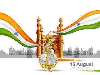 vector illustration of Lady dancer on Indian tricolor background for 15th August Happy Independence Day of India
