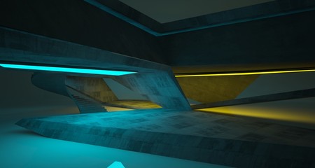 Abstract architectural concrete interior of a minimalist house with color gradient neon lighting. 3D illustration and rendering.