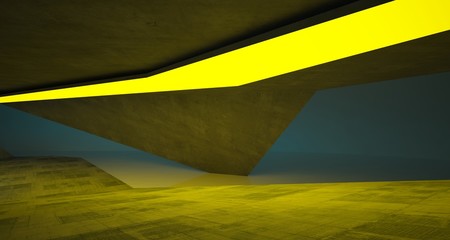 Abstract architectural concrete interior of a minimalist house with color gradient neon lighting. 3D illustration and rendering.