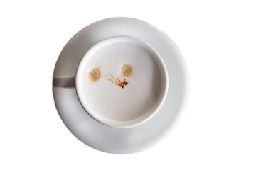 White coffee cup top view closeup isolated on white background.