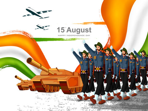 vector illustration of Army marching on Indian tricolor background for 15th August Happy Independence Day of India