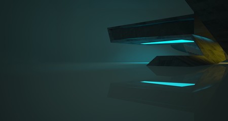 Abstract architectural concrete interior of a minimalist house with color gradient neon lighting. 3D illustration and rendering.