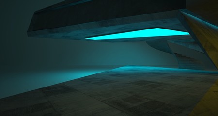 Abstract architectural concrete interior of a minimalist house with color gradient neon lighting. 3D illustration and rendering.