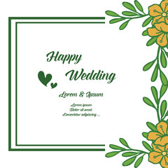 Beautiful flower frames, elegant cards with lettering of happy wedding. Vector