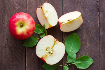 pear wooden background leaves greens fruit food apple