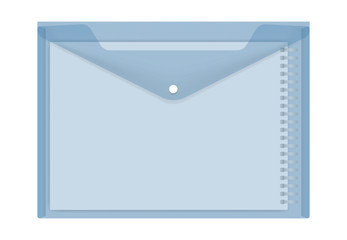 Clear plastic envelope with A4 spiral notebook inside, vector illustration. Transparent blue file holder with snap button, realistic template