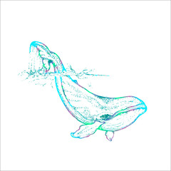 Neon illustration of a whale raising tail in the sea waves. An idea for a tattoo.