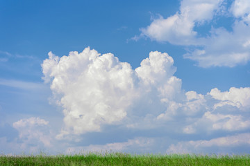 A huge cloud on blue sky over green grass