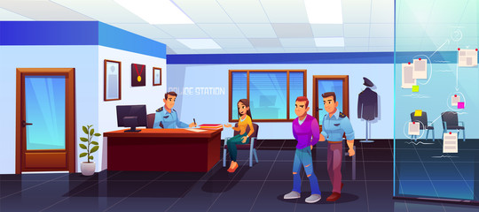 Arrest of criminal in police station, policeman lead suspect bandit in handcuffs, girl victim or witness testimony, man officer listening and writing woman testify cop work Cartoon vector Illustration