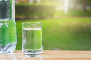 Drink water Purified  on table over sunlight and natural green background