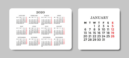 Calendar 2020. Vector design template.