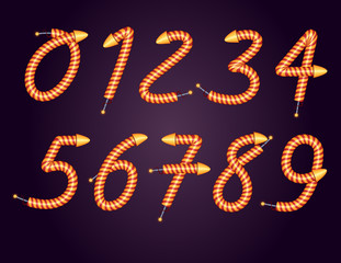 Color vector set of numbers in the style of salute in isolation from the background. Celebratory fireworks in the style of numbers. A set of numbers from 0 to 9 for creating festive banner designs.
