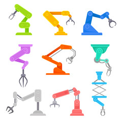 Set of robotic hands. Vector illustration on white background.