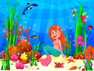 Fototapeta na wymiar Cute joyful little mermaid in the underwater world. The little mermaid underwater among sea creatures and underwater plants
