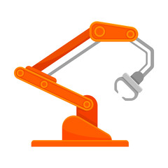 Bright orange robotic arm with an open claw. Vector illustration on white background.
