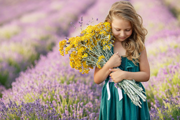 Child girl in a field with flowers. 