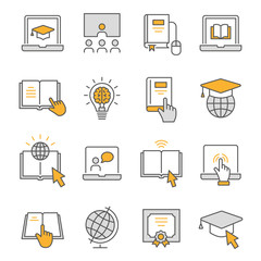 Online education flat line icon set. Vector illustration. Editable stroke.