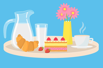 Set of products for Breakfast. Morning menu includes: milk, croissant, cake, coffee, strawberries. © Анна 