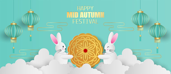 Mid autumn festival greeting card with cute rabbit and moon cake with green lantern on green background