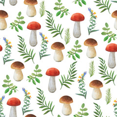 Seamless mushroom pattern on white background. Watercolor hand drawn mushrooms and different leaves. 