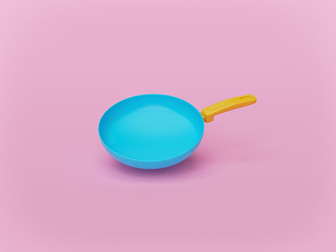 minimal blue and yellow colored Frying pan on pastel pink background. cooking concept. 3d rendering