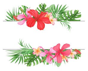 Frame with Tropical leaves and flowers set, watercolor painting. Monstera and palm leaves. Plumeria and hibiscus.