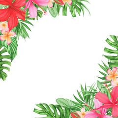 Frame with Tropical leaves and flowers set, watercolor painting. Monstera and palm leaves. Plumeria and hibiscus.