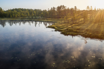 Aerial view of a calm and misty lake with forest in the background during golden sunrise