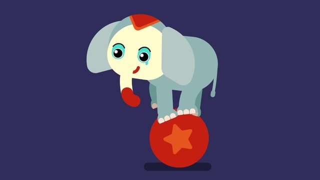 100 baby animals. Walk cycle of a cute baby circus elephant mime or a clown balancing on red ball. 2D animation made in 4K, loopable clip, isolated