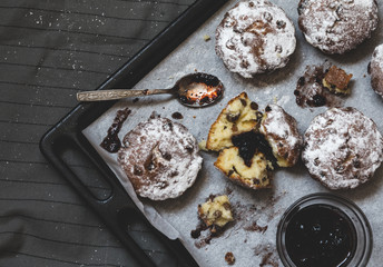 Rasins muffins with powdered sugar and cinamon. Cooking pastry. Tasty sweet cakes. Top view and space.