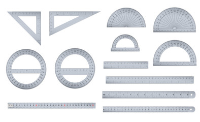 Set of engineer or architect aluminium drafting protractor, ruler and triangle with a metric and an imperial units scales.