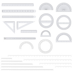 School set of paper ruler, protractor and triangle an measure scale overlays. - obrazy, fototapety, plakaty