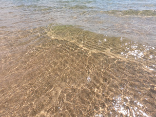 The texture of clear water with sandy bottom. Natural natural background. Tourism and travel