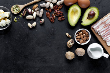 Keto products: avocado, eggs, nuts, cream, butter