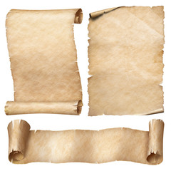 Vintage paper or parchment scrolls set isolated on white