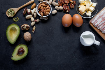 Obraz na płótnie Canvas Keto food: eggs, avocado, bacon, nuts, butter, cream, etc. 