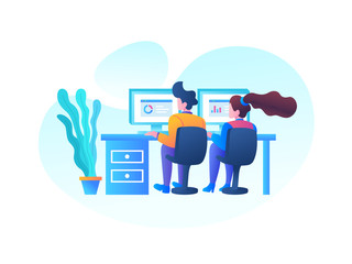 Flat illustration style. a team make a discussion in the room working using laptop analyzing website SEO with concept for website or mobile phone ui