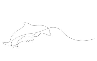 Dolphins family on sea line draw, vector illustration