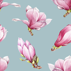 Watercolor pink magnolia blooming seamless pattern. Beautiful hand drawn tender spring blossoms on a blue background