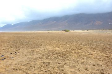 Fototapeta na wymiar Wet Sand on the Long Natural Beach of El Cofete in Fuerteventura