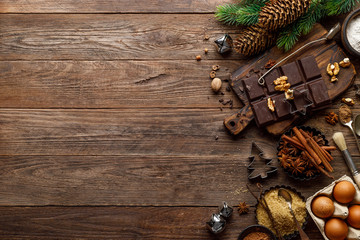 Christmas or new year culinary rustic wooden background with food ingredients for cooking festive...