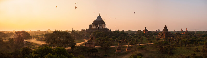 Bagan panorama view Pagoda landscape sunrise with ballons