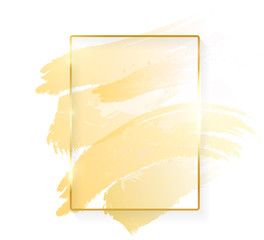 Gold shiny glowing rectangle frame with golden brush strokes isolated on white background. Golden luxury line border for invitation, card, sale, fashion, wedding, photo etc. Vector illustration
