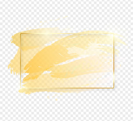 Gold shiny glowing rectangle frame with golden brush strokes isolated on transparent background. Golden luxury line border for invitation, card, sale, fashion, wedding, photo etc. Vector illustration